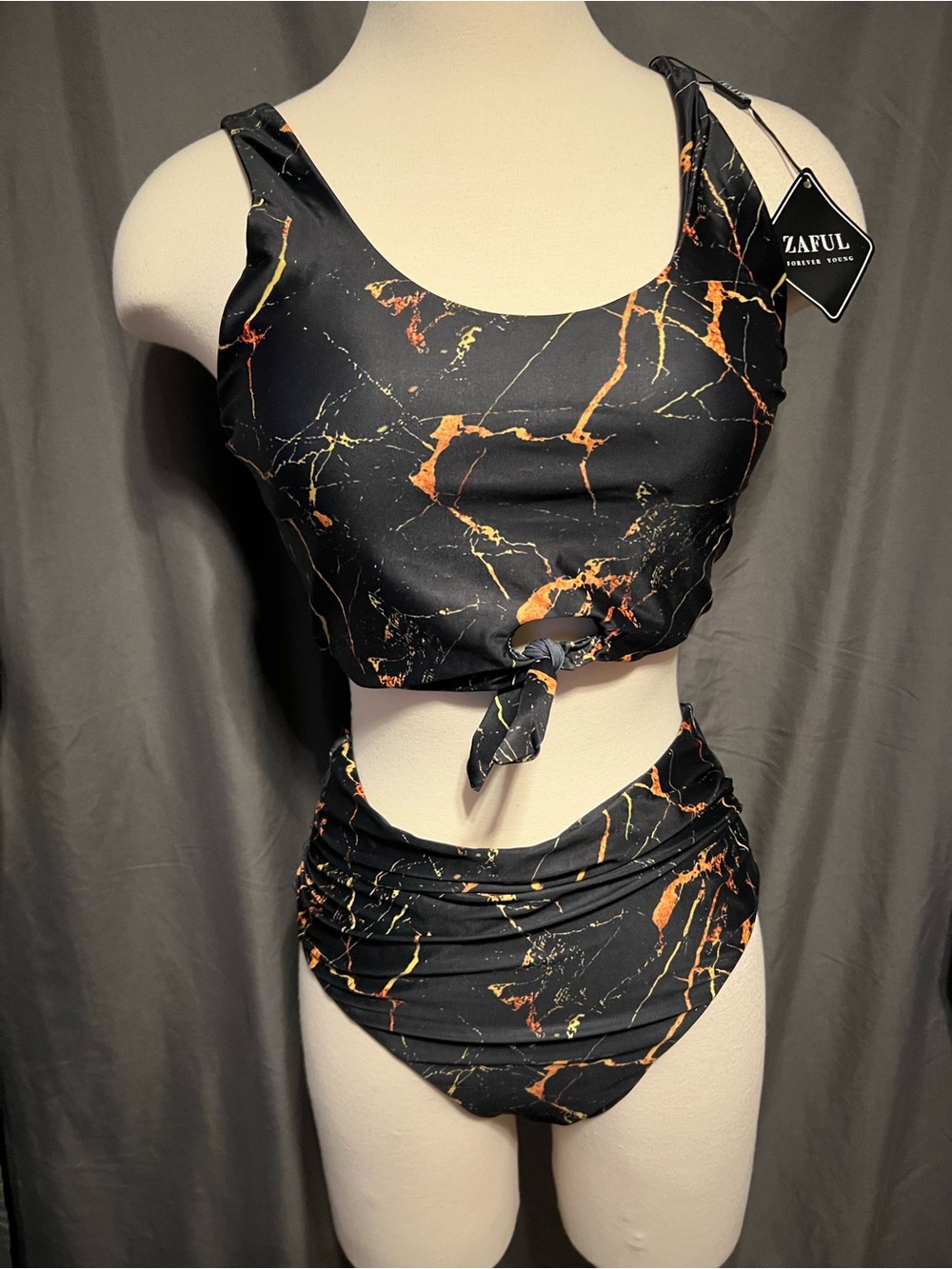 Zaful Black Marble-Print Tie-Front Crop Tank Bikini with Orange & Gold Veins